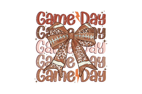 Game Day repeated text with a leopard print football bow and lightning Sublimation Design