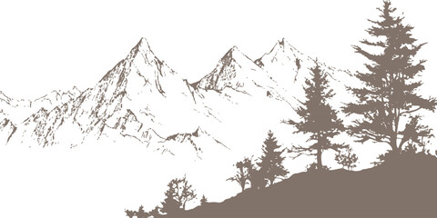 Hand drawn sketch of majestic mountain peaks and pine forest landscape in nature vector illustration. © Design House