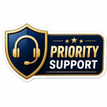 Priority support icon with a golden headset inside a shield and three stars, isolated on white background