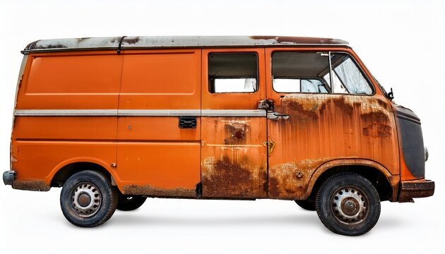 old orange van with rust and wear isolated on white background
