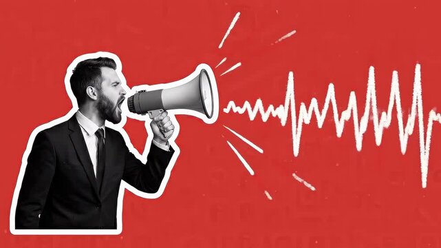 Businessman shouting through megaphone with sound waves on red background