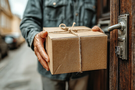 Delivery person hands a package to a resident at their front door in a residential neighborhood during the day