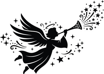 Fototapeta premium Silhouette of an angel blowing a trumpet, creating a magical trail of stars and swirls, festive holiday design element for christmas and religious themes