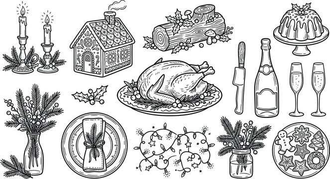 Black and White Vintage Christmas Dinner and Holiday Food Set with Turkey Yule Log Pudding Champagne and Candle Engraving Vector Collection
