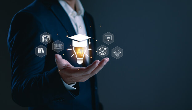 Professional presenting AI powered education concept, featuring artificial intelligence learning, smart training, digital knowledge, AGI innovation, workforce development and future ready skills