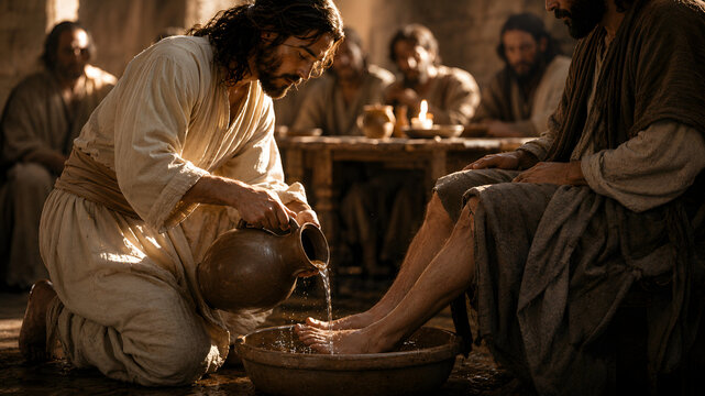 A cinematic depiction of Jesus Christ kneeling to wash the feet of a disciple, symbolizing humility and service, set in a rustic, dimly lit room.