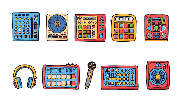 Set of DJ and Music Production Equipment: A vibrant collection of illustrated electronic music instruments, including DJ controllers, samplers, headphones, and a microphone.