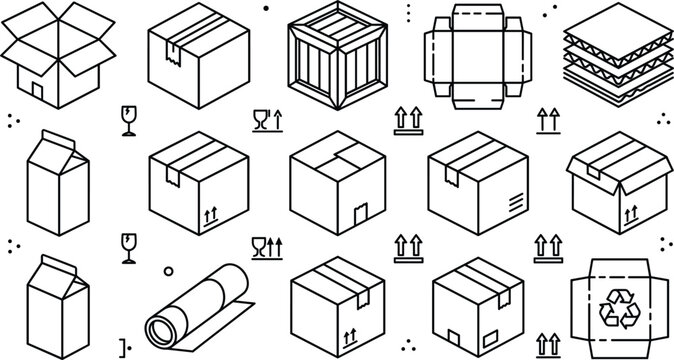 Cardboard box packaging and delivery isometric line art vector icon set with shipping crate carton storage parcel symbols