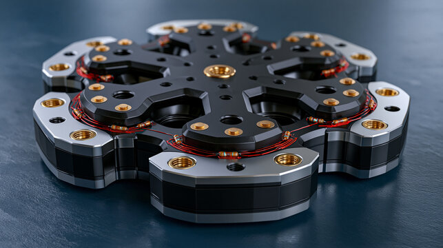 Six-axis force torque sensor transducer body with Wheatstone bridge strain gauge foil bonded to machined flexure island structure, M5 mounting hole pattern on top and bottom flanges, industrial robo