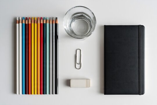 A top-down view of stationery and a glass of water on a white surface, ideal for creative or study-related content