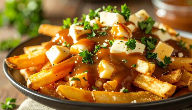 Delicious poutine fries, gravy, and cheese curds, garnished with fresh parsley on a dark plate