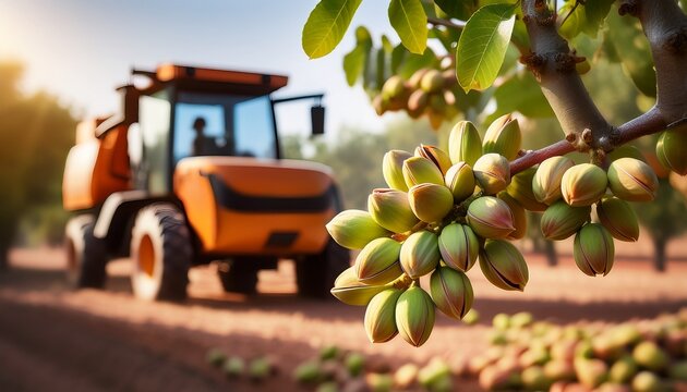 close up of ripening pistachio bunches on tree branches with a harvesting machine visible in the blurred background agriculture farming nuts crop readiness