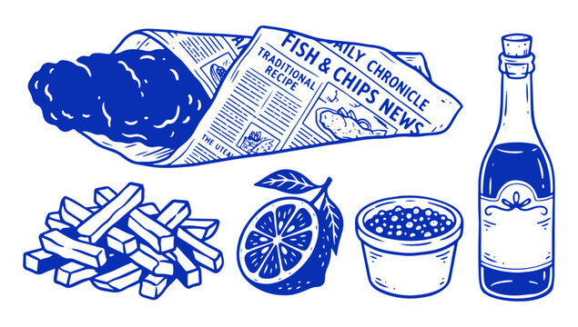 Traditional British fish and chips meal with newspaper, fries, lemon, malt vinegar, and tartar sauce