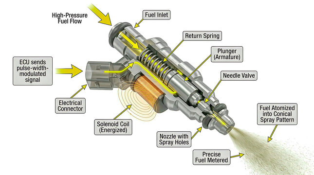 How a Fuel Injector Works - Cutaway 3D Infographic of Solenoid Needle Valve and Atomized Spray Pattern for Combustion