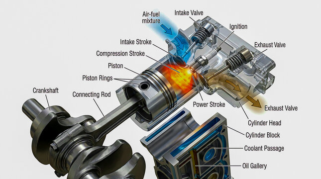 How a Four-Stroke Gasoline Engine Works - Cutaway 3D Infographic of Piston Cylinder Assembly with Combustion Cycle Visualization