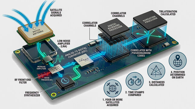 How a GPS Receiver Works - Cutaway 3D Infographic of Patch Antenna RF Processing and Trilateration Calculation
