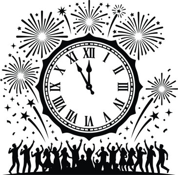 New year celebration with a clock showing almost midnight, fireworks in the sky and a crowd of people cheering, black and white vector illustration