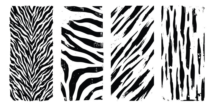 Set of four black and white animal print textures with zebra and tiger stripe patterns isolated on white background