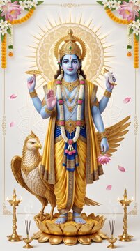 Hindu god vishnu standing with garuda and lotus flowers on golden platform for religious worship and spiritual meditation with traditional oil lamps and decorative floral garlands on white background