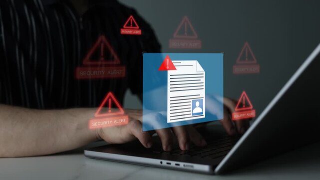 Cybersecurity and personal data hacking concept with hacker accessing confidential files, digital privacy breach, online fraud, identity theft and sensitive information security risk.