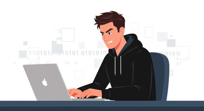 Young man in black hoodie typing on laptop, digital background with binary code and abstract shapes, representing cybercrime, hacking, or programming.