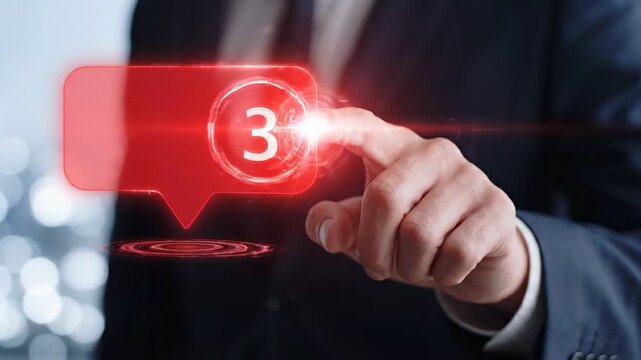 Businessman hand touching glowing red notification icon with number three