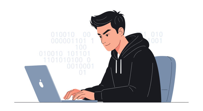 Young man in black hoodie typing on laptop with binary code background, representing coding, technology, and cybersecurity