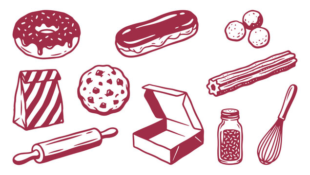 Baking and cooking icons including donuts, hot dog, cookies, rolling pin, and utensils