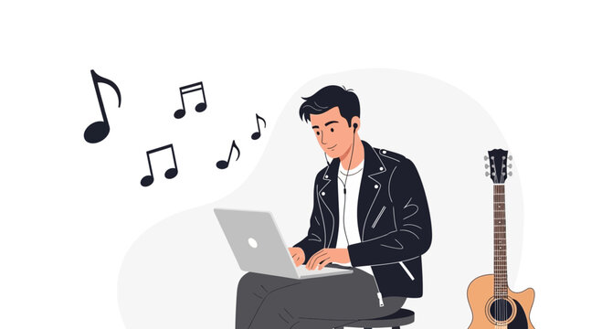 Young man in leather jacket creating music on laptop with guitar and musical notes