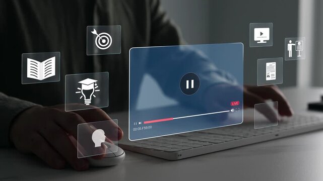 E-learning education.Education internet Technology.Digital internet lessons and online webinar on virtual screen.Business person who attends online lessons on a digital technology screen.