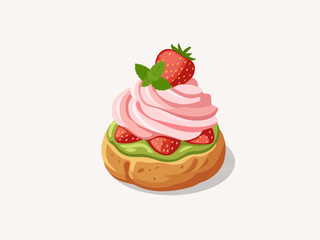 Matcha choux pastry topped with pink strawberry whipped cream and a whole strawberry. Gourmet green tea cream puff vector illustration. © Akasha Design
