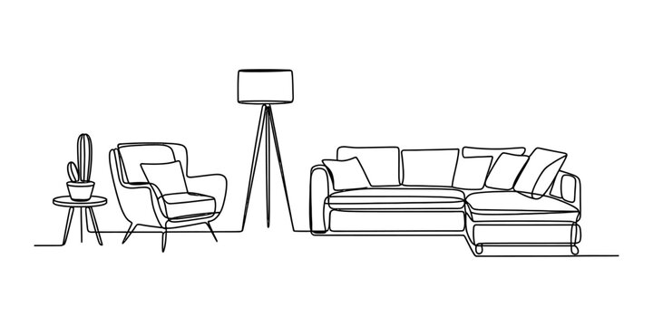 Continuous single line drawing of a modern living room interior featuring a comfortable sofa armchair floor lamp and a small plant on a side table setup