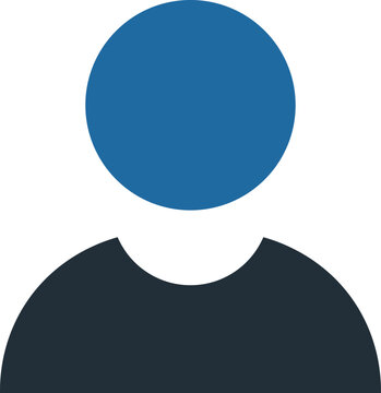 Abstract blue circle head on dark blue torso silhouette, white background, person avatar