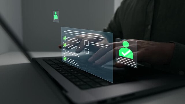 Digital documents with check marks verified staff records and online HR management. Employee approval process management.