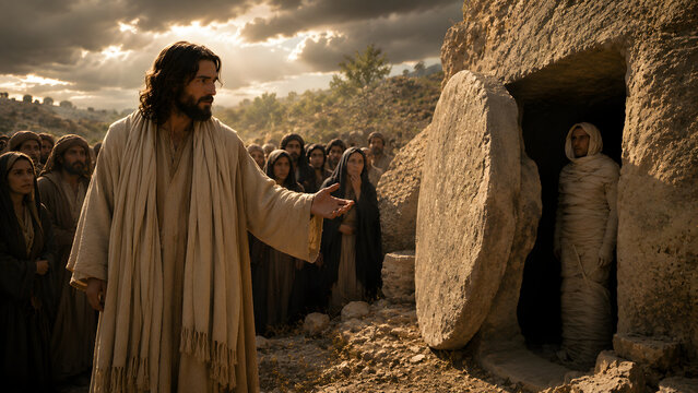A cinematic depiction of Jesus Christ standing before a stone tomb, gesturing as Lazarus emerges wrapped in burial linens, surrounded by a crowd of people.
