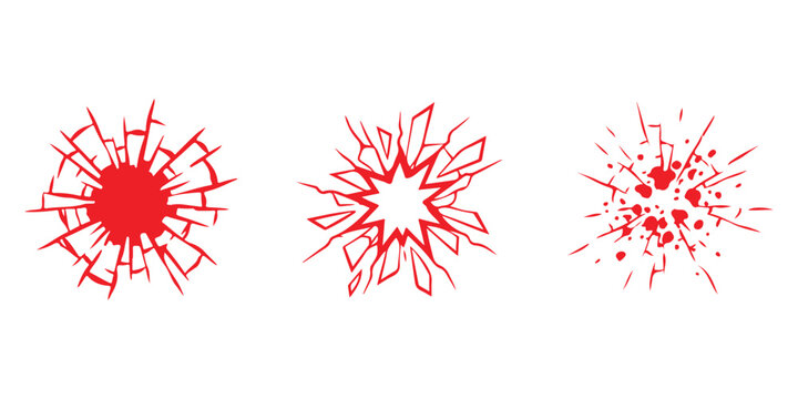 Set of red broken glass cracks and explosion shape vector elements isolated on white background