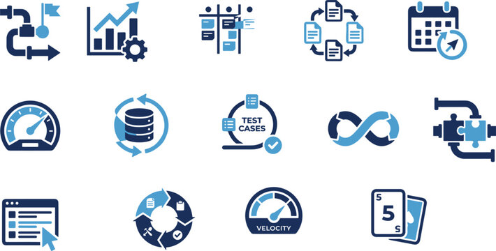 Agile software development and scrum methodology vector icon set with DevOps workflow and project planning symbols