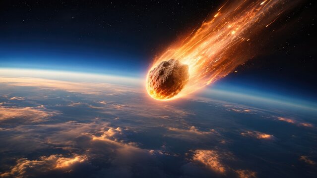 Fiery meteor streaks toward Earth, blazing atmospheric entry above a cloud-covered horizon