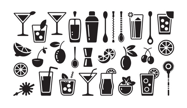 Professional mixology tools and garnish icons including shakers spoons and citrus slices.