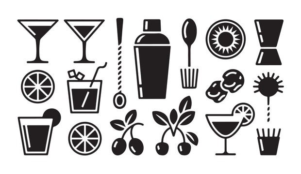 Bartender tools and cocktail drink icons, set of shaker, spoon, muddler, jigger, citrus.