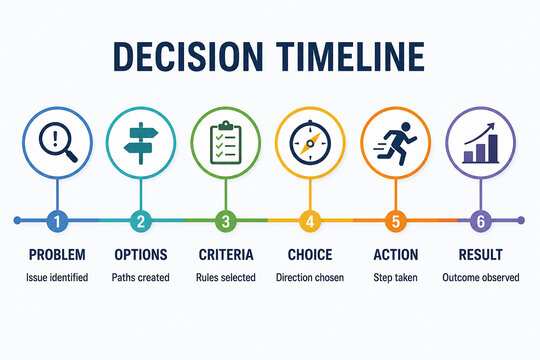 A graphic illustrates a six-step decision timeline process from problem identification to result observation.