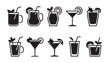 Tropical cocktail glass icons with garnishes mint leaves citrus slices and drinking straws. © MD.RAHIM