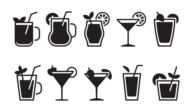 Tropical cocktail glass icons with garnishes mint leaves citrus slices and drinking straws.