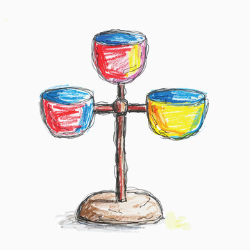 Hand drawn illustration of a three bowl stand with colorful cups.