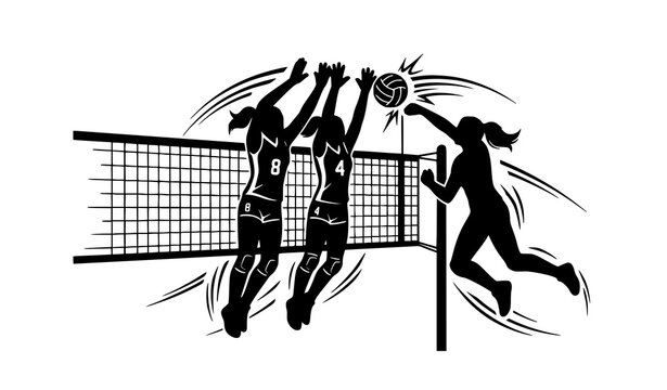 Competitive Volleyball Blockers Black White Vector Illustration