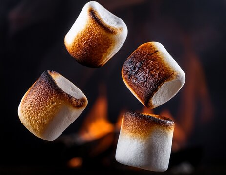 delicious toasted marshmallows floating on a dark background creating a sweet temptation