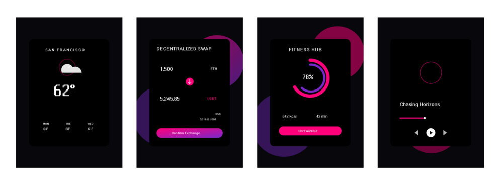 Mobile app widget collection featuring weather swap fitness and media player tools.