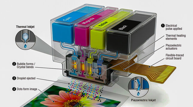 How an Inkjet Printer Cartridge Works - Cutaway 3D Infographic of Print Head Nozzles and Droplet Ejection Mechanisms