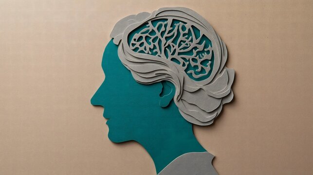 Paper cut profile of elderly person with grey hair texture and teal brain on neutral background. Represents senior PTSD, aging mental health, late-life trauma, and psychological support for older adul