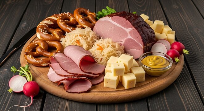 traditional German Brotzeit charcuterie board set on a dark, rough-hewn pine table, Black Forest Ham and Smoked Br�der Basil cheese, Hand-carved thick slices of rich smoked ham, semi-soft smoked chees